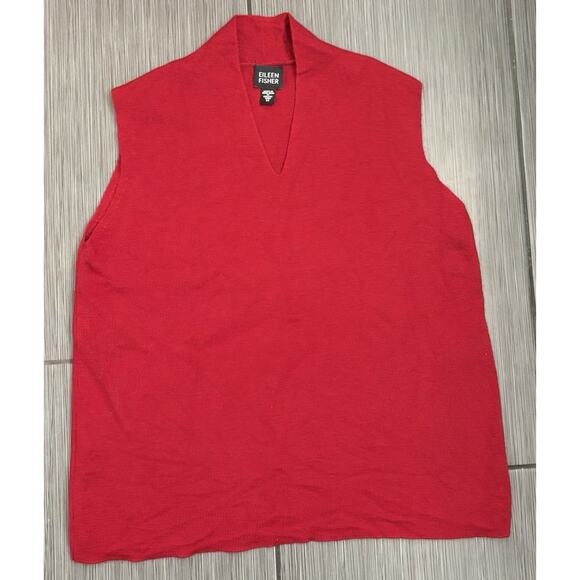 Eileen Fisher Red Merino Wool Sleeveless Knit Sweater Size Medium Italian Yarn - Picture 1 of 4
